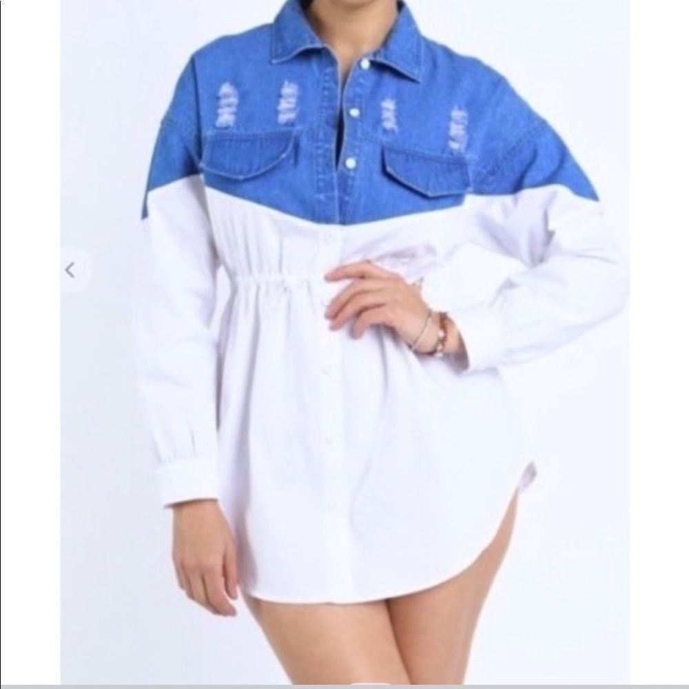 Long Sleeve Denim and White Shirt Dress